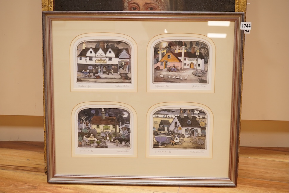 Graham Clarke (b.1941), set of four etchings with aquatint, comprising 'Drakes', 'Rifleman', 'Gardeners' and 'Good intent', each signed in pencil, each limited edition 6/500, sheet uncut, 54 x 60cm overall